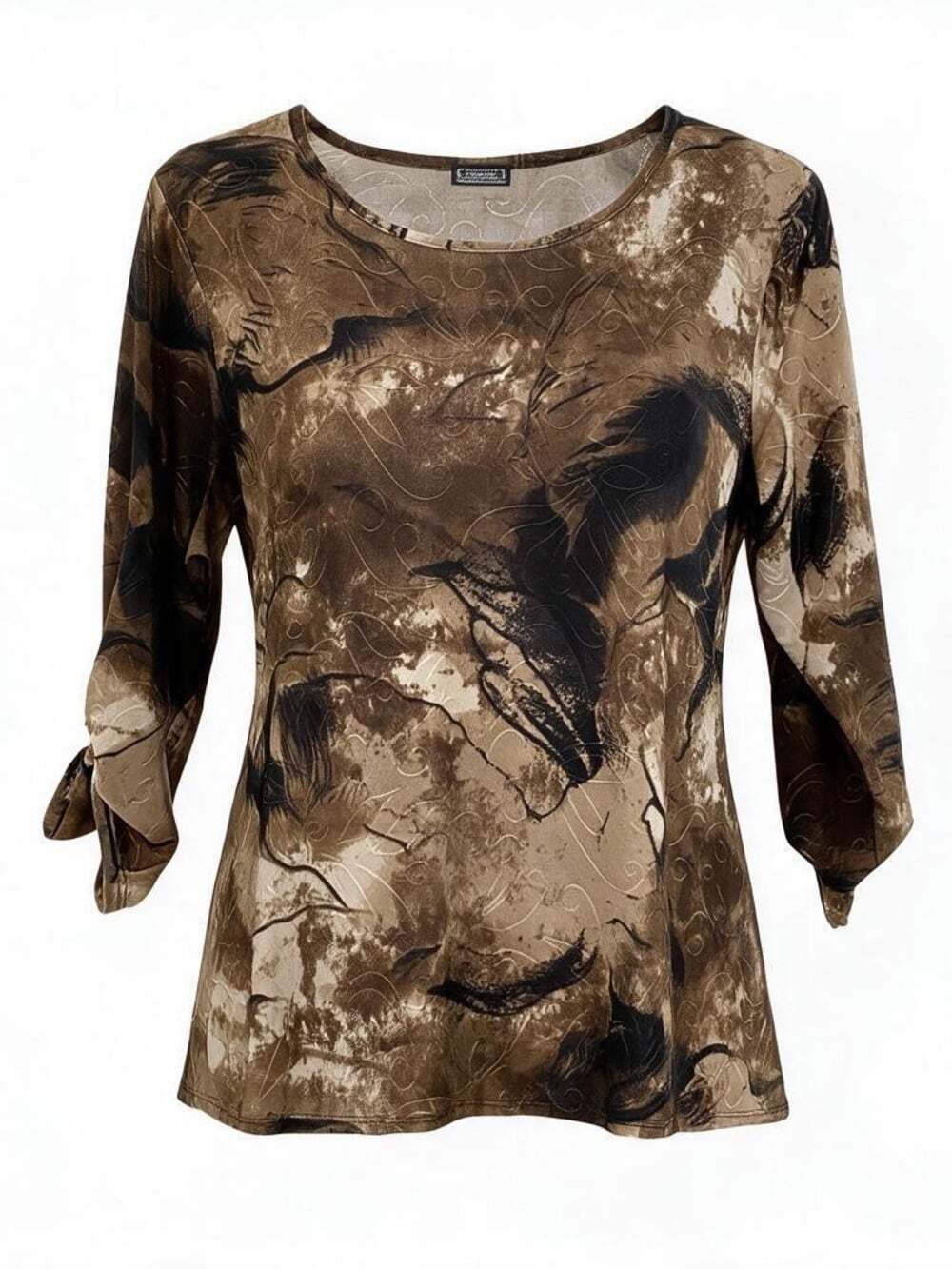Clientele Blouse Smokey Tie-Dye 3/4-Sleeve Brown and Cream Women's Shirt L